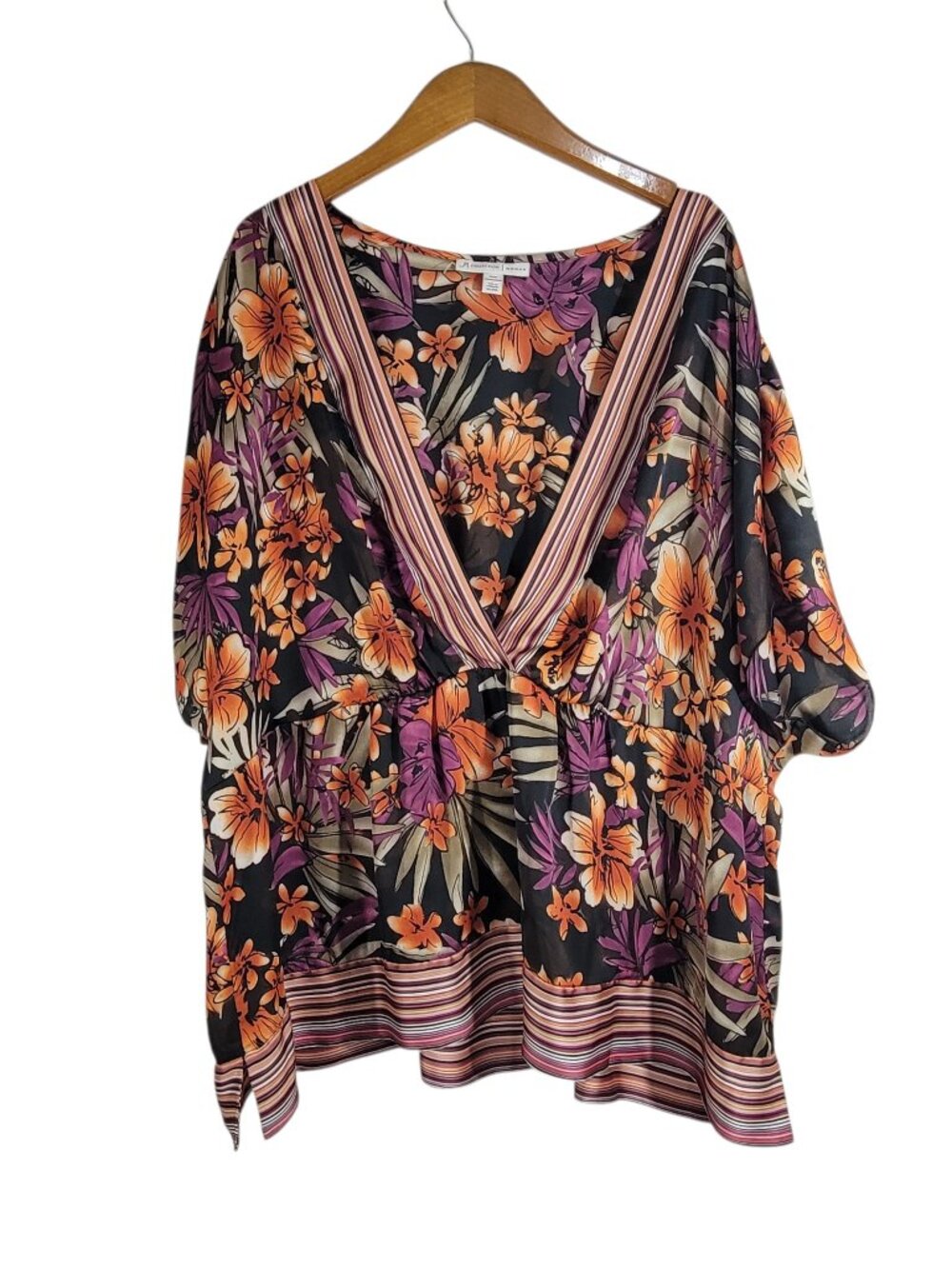 JM Collection Deep V-neck Satin Top Womens 24W Black Tropical Floral